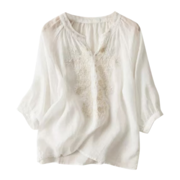Boho Floral Embroidered Peasant Blouse with 3/4 Sleeves