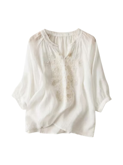 Boho Floral Embroidered Peasant Blouse with 3/4 Sleeves